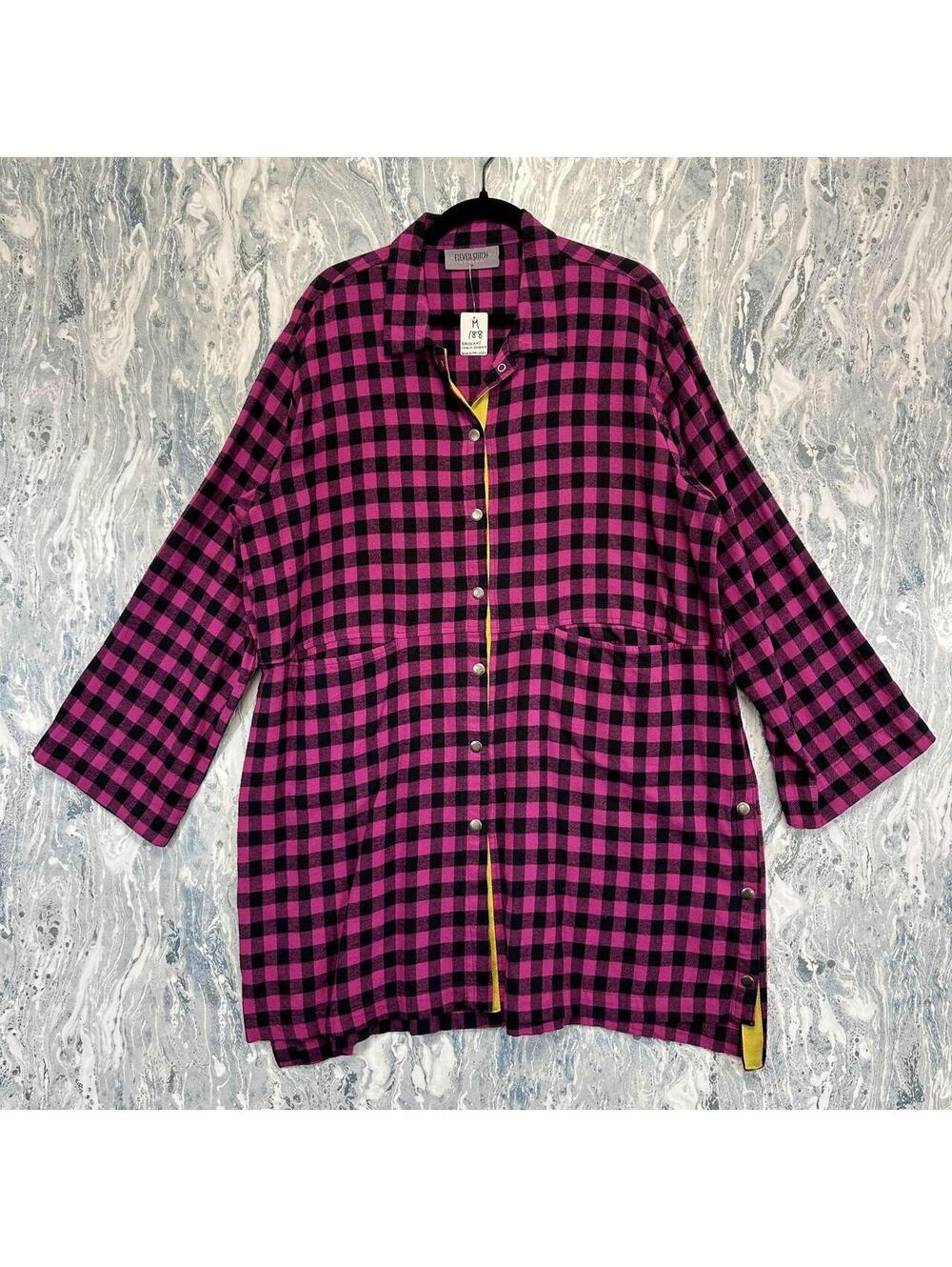 Artsy Boho Minimalist Lagenlook Pink Plaid Button-Up Cardigan (M)